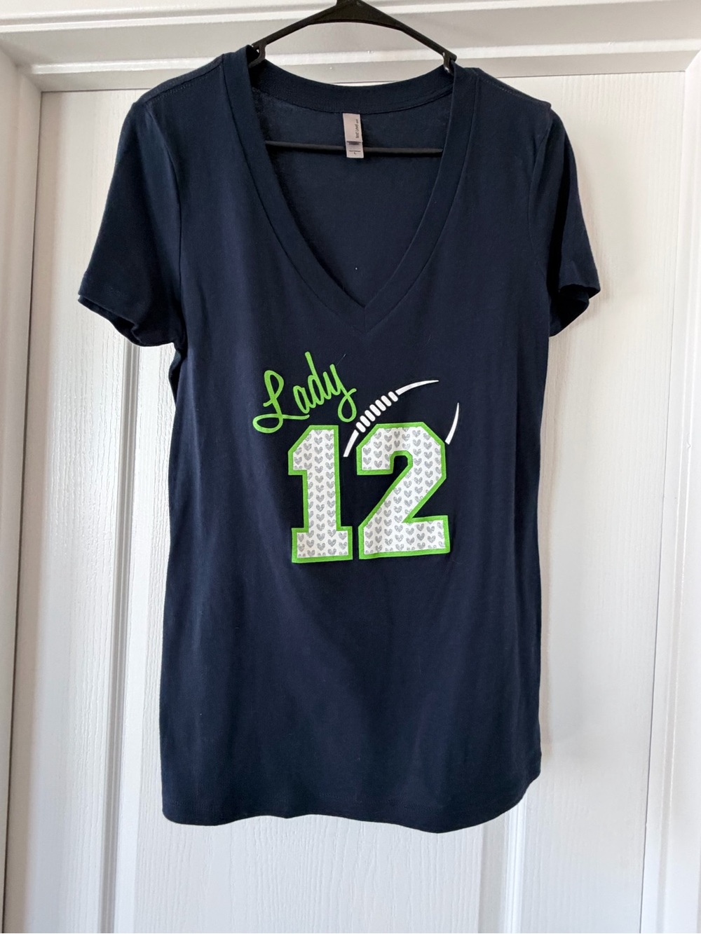 Next Level Apparel Navy V-Neck Tee with Lime "Lady 12" Graphic